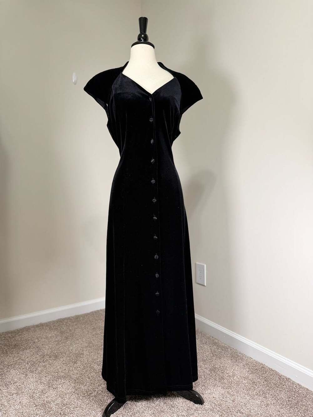 VTG Black Velvet Button Front Maxi Dress 16 Crisscross Back Dark Romantic Goth